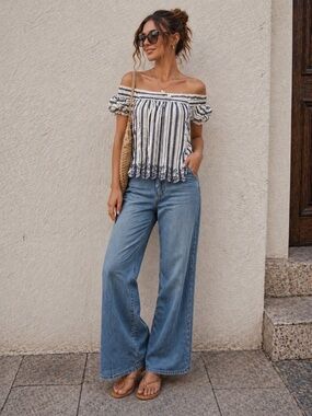 White and Navy Off-Shoulder Embroidered Stripe Blouse